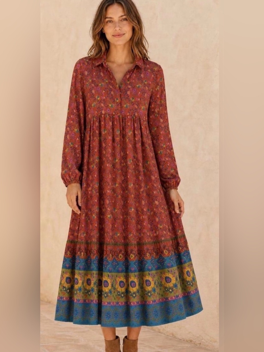 Natural Life Long Sleeve Rebecca Midi Dress Rust floral collared design Large